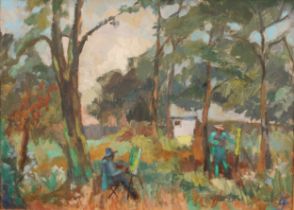 Laure Jessop (20th century) Sketching at Orleans House, signed with monogram, oil on hardboard, 28cm