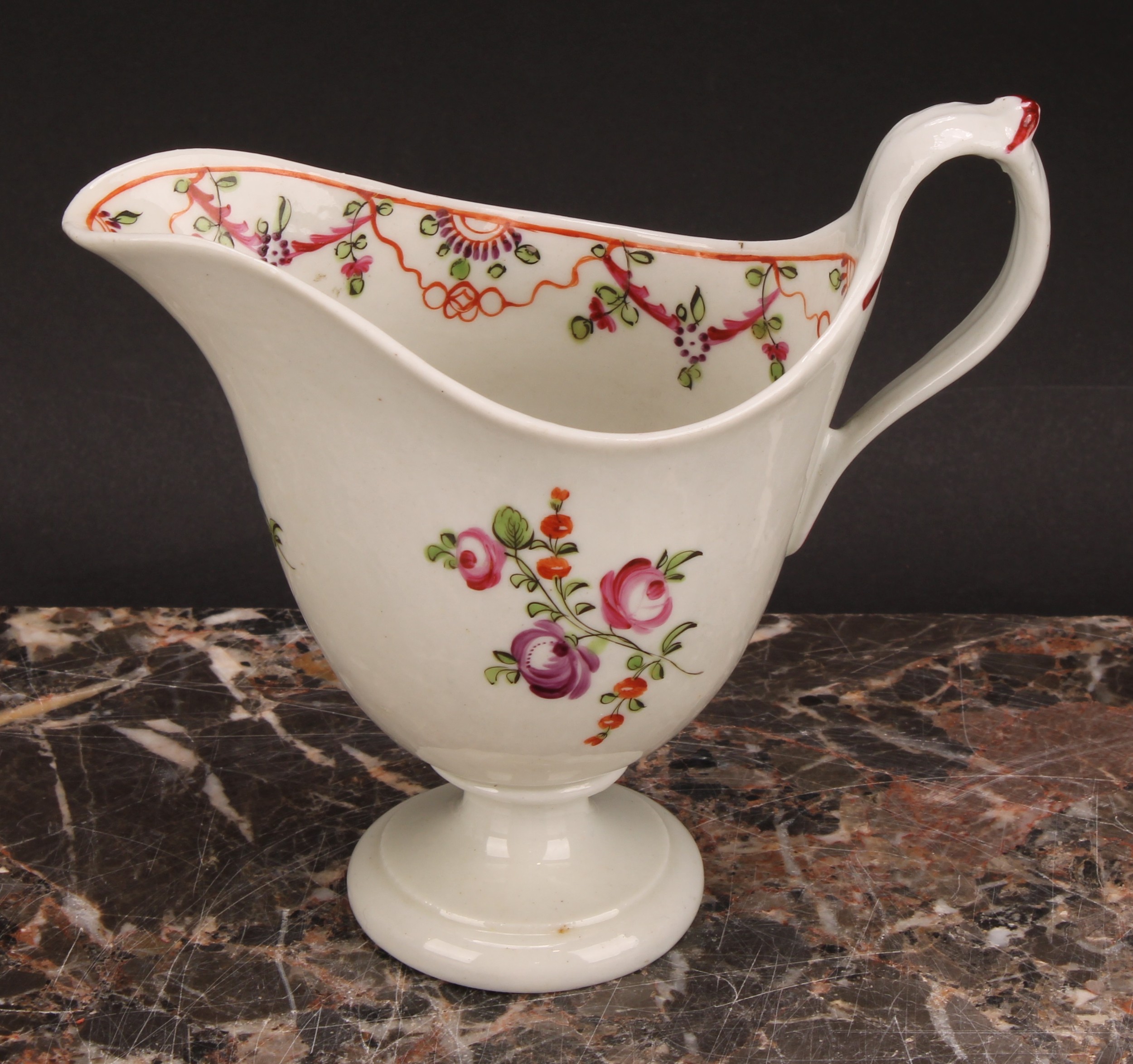 A Newhall helmet shaped cream jug, painted with scattered flowers, the interior with stylised floral - Image 7 of 12