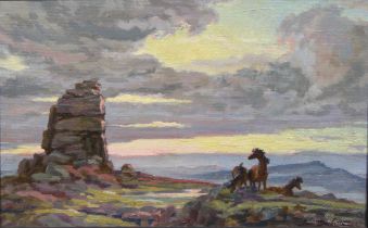 Lewis Duckett (1892–1977) Ponies on Dartmoor, signed, oil on hardboard, 32.5cm x 51.5cm