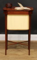 A George III mahogany work table, hinged canted rectangular top, pleated undertier, tapered legs,