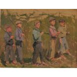 Soviet School (20th century) Young Recruits, oil on board, 27cm x 34cm