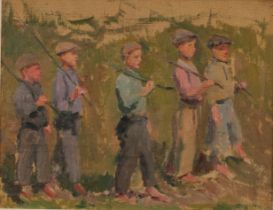 Soviet School (20th century) Young Recruits, oil on board, 27cm x 34cm