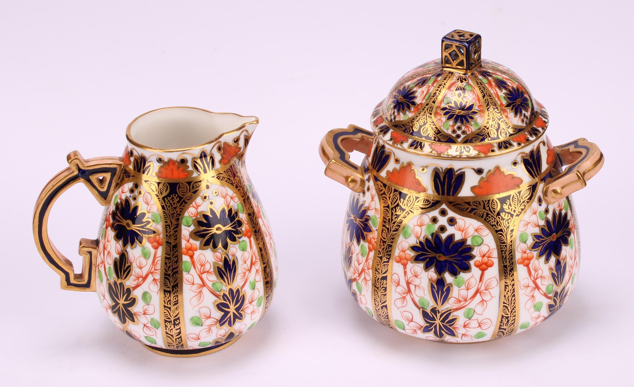 A Derby Crown Porcelain Company Imari palette 1128 pattern milk jug and two handled sucrier and - Image 2 of 9