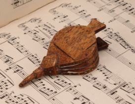 A 19th century novelty treen snuff box, as bellows, decorated with brass pin work, sliding cover,