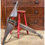A Victorian stool, 56cm high; a yoke; a cobblers last (3)
