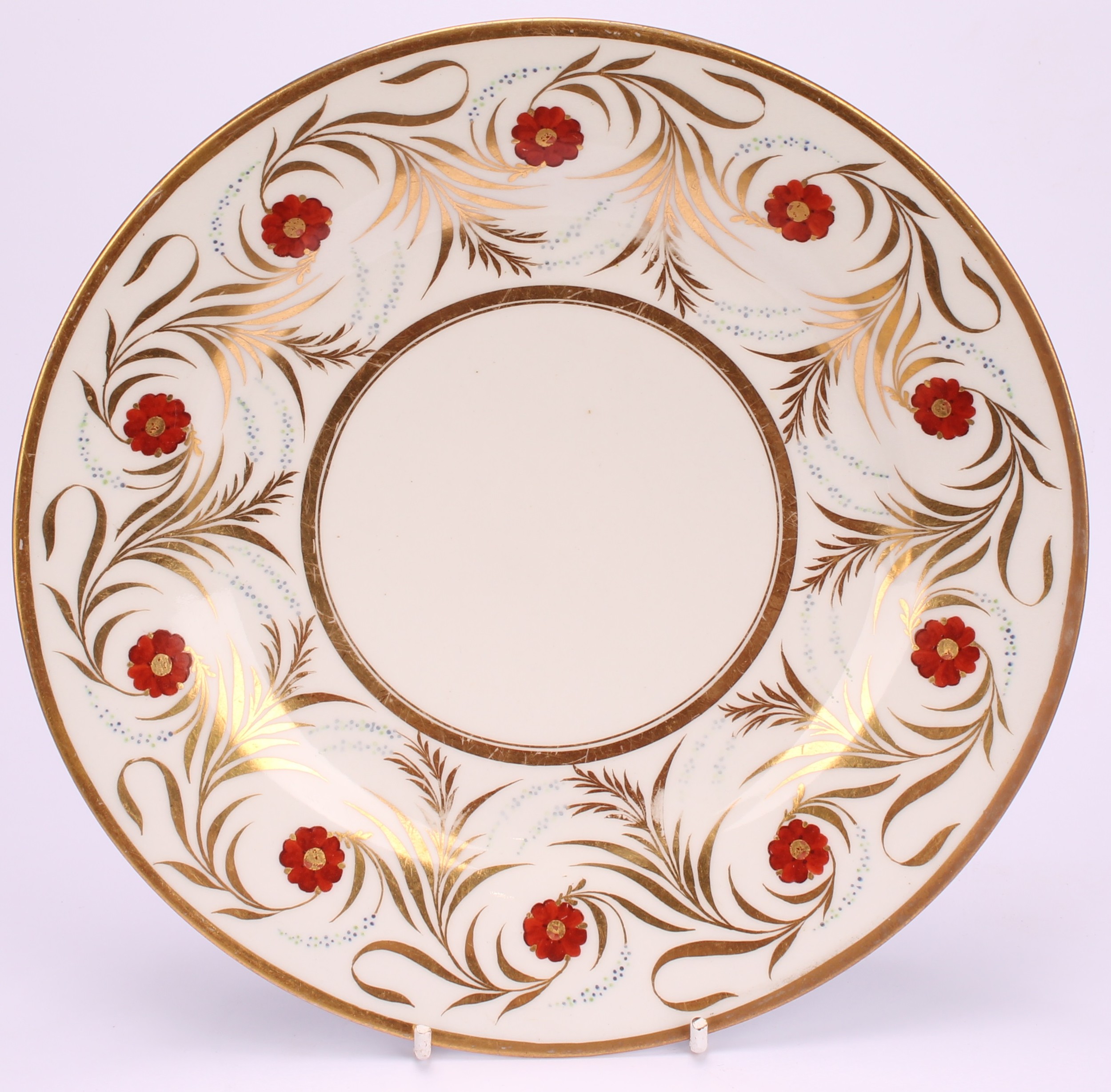 A pair of Worcester Barr Flight and Barr circular plates, painted with red flowers between scrolling - Image 7 of 7