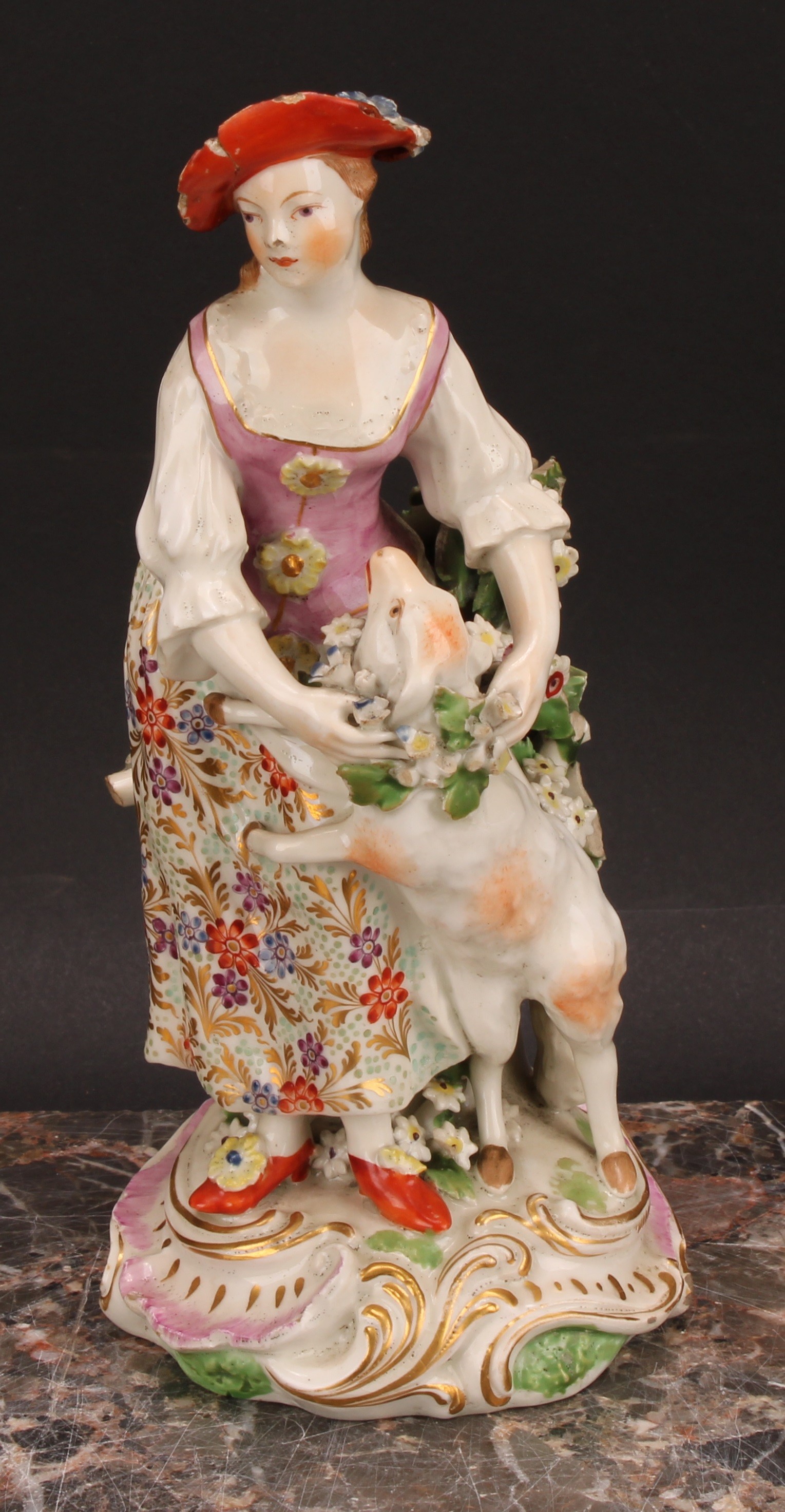 A pair of Derby figures, The Garland Shepherds, he wearing a broad brimmed black hat, pink jacket, - Image 7 of 10