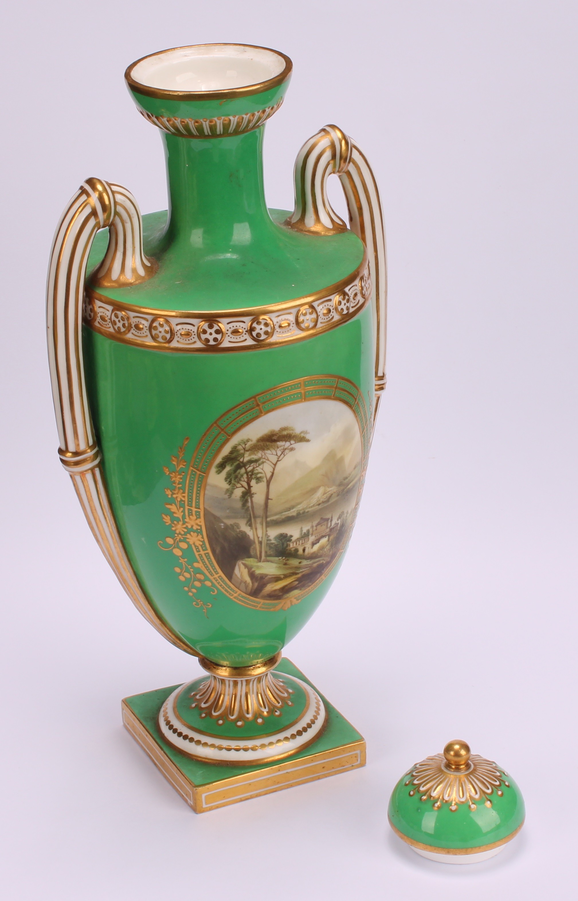 A mid 19th century Coalport two-handled urnular vase and cover, painted by William Cook, with - Image 4 of 6