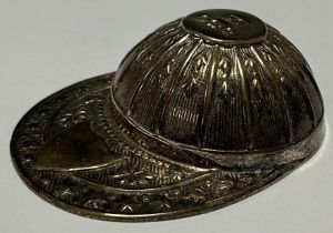 An Elizabeth II silver reproduction jockey cap caddy spoon, wide brim with vacant shield shaped