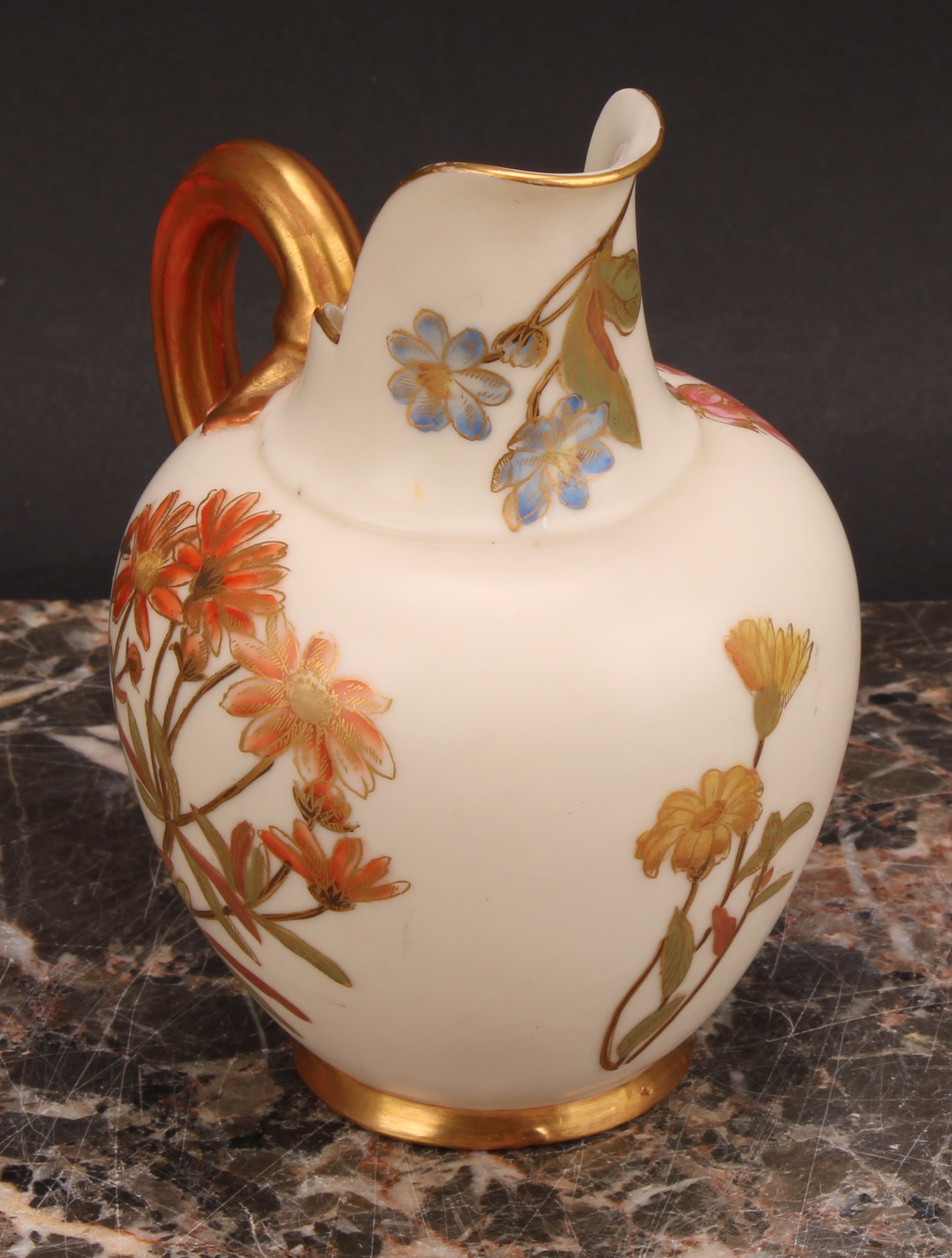 A pair Royal Worcester flat back jugs, decorated in the Aesthetic manner with floral sprays in muted - Image 9 of 12