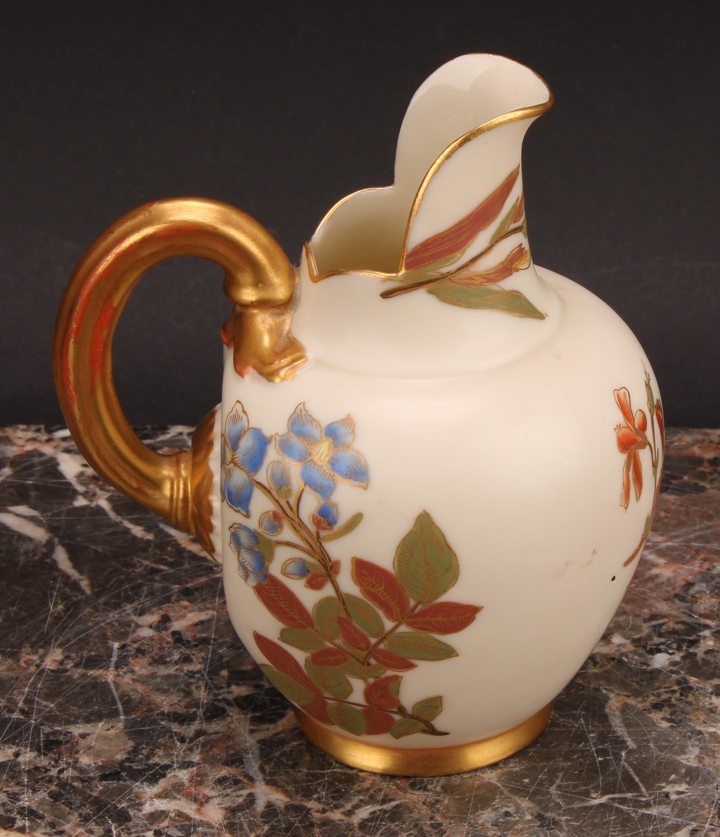 A pair Royal Worcester flat back jugs, decorated in the Aesthetic manner with floral sprays in muted - Image 3 of 12