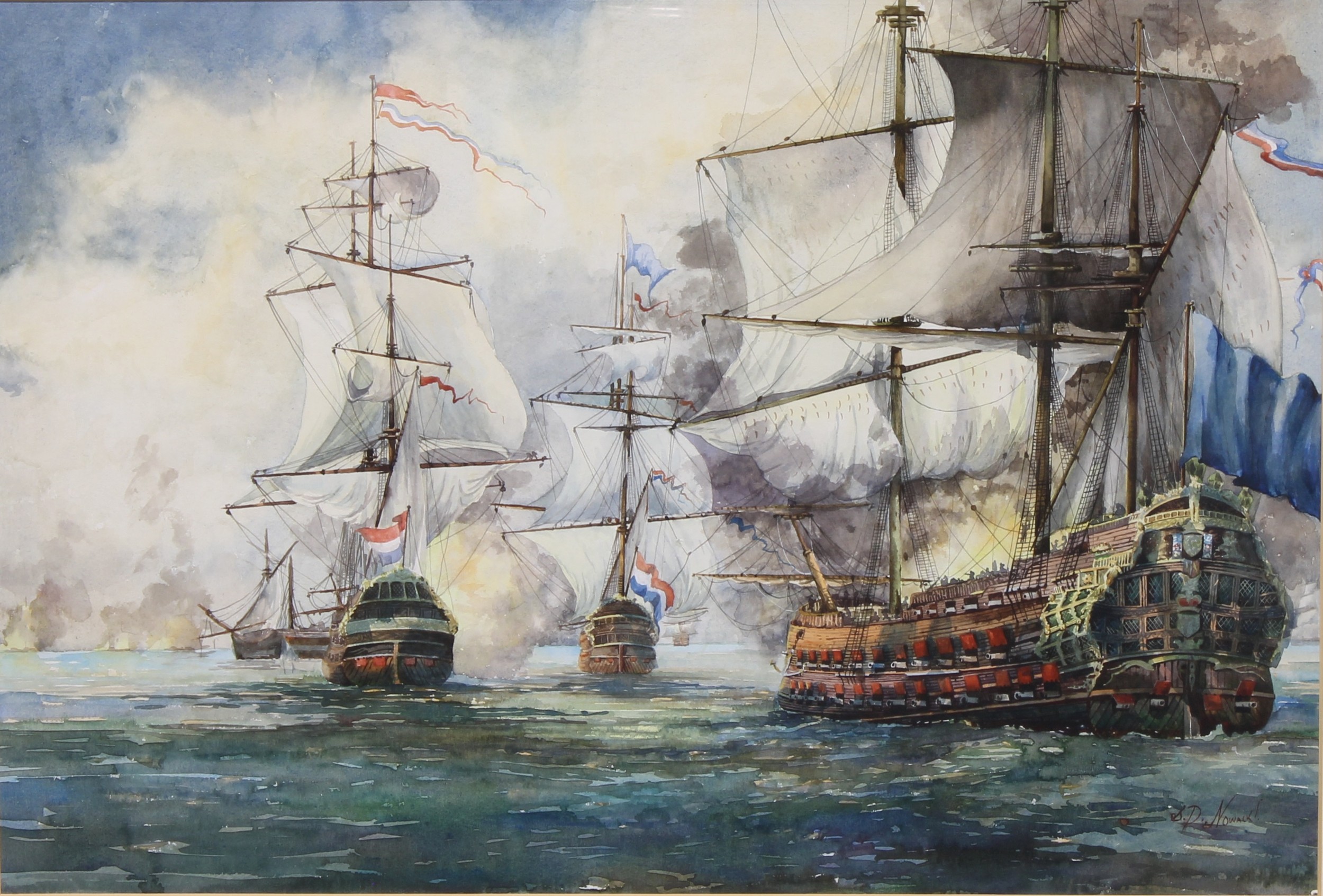 Stefan D Nowacki (Bn. 1953) End of the Battle signed, watercolour, 50cm x 74cm