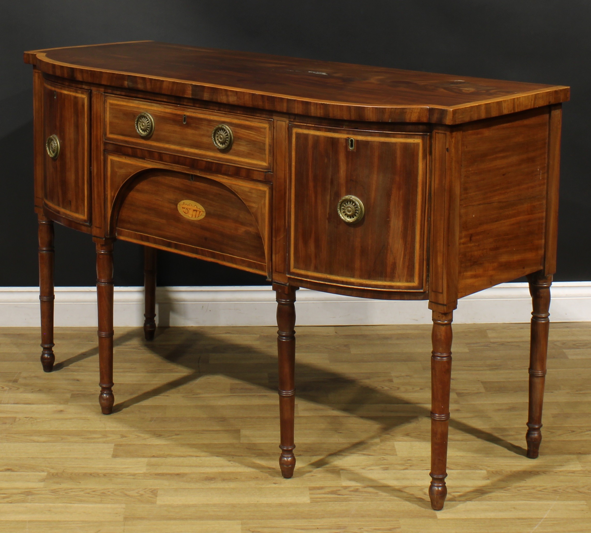A George III mahogany sideboard or serving table, satinwood crossbanded top above a frieze drawer - Image 5 of 6