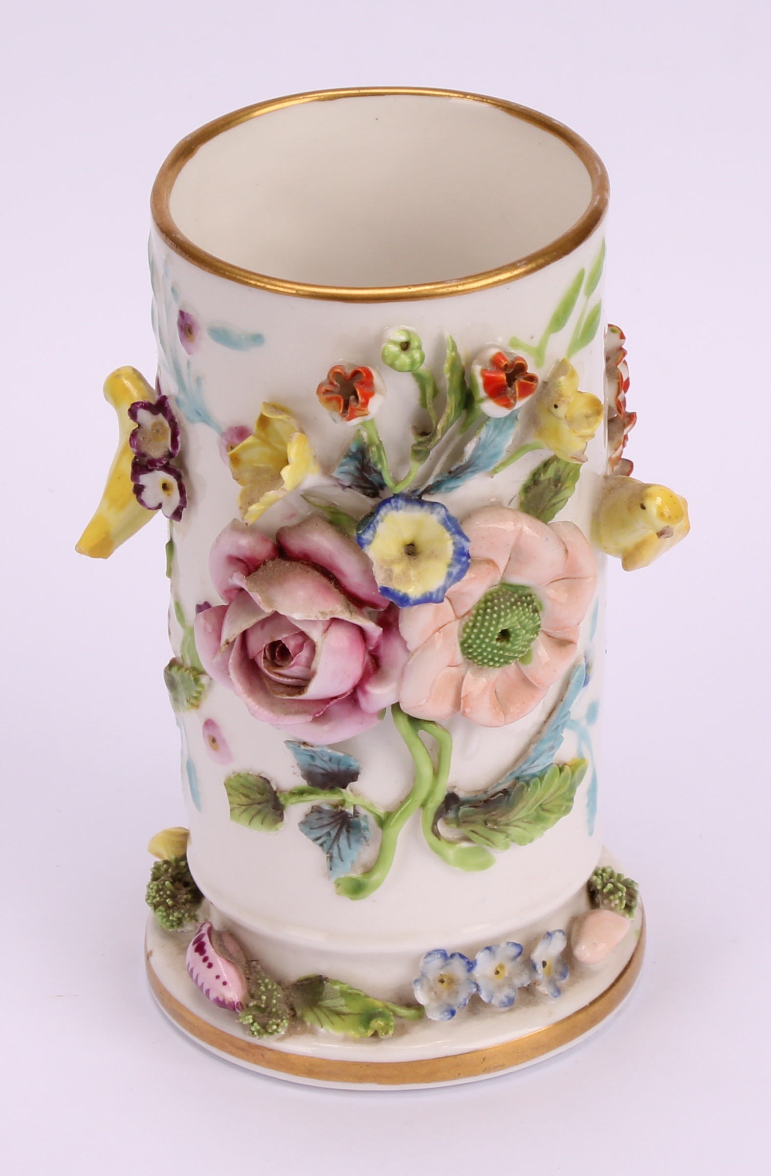 A pair of rare Spode schneeballen style cylindrical vases, encrusted with birds and flowers, 10. - Image 7 of 13