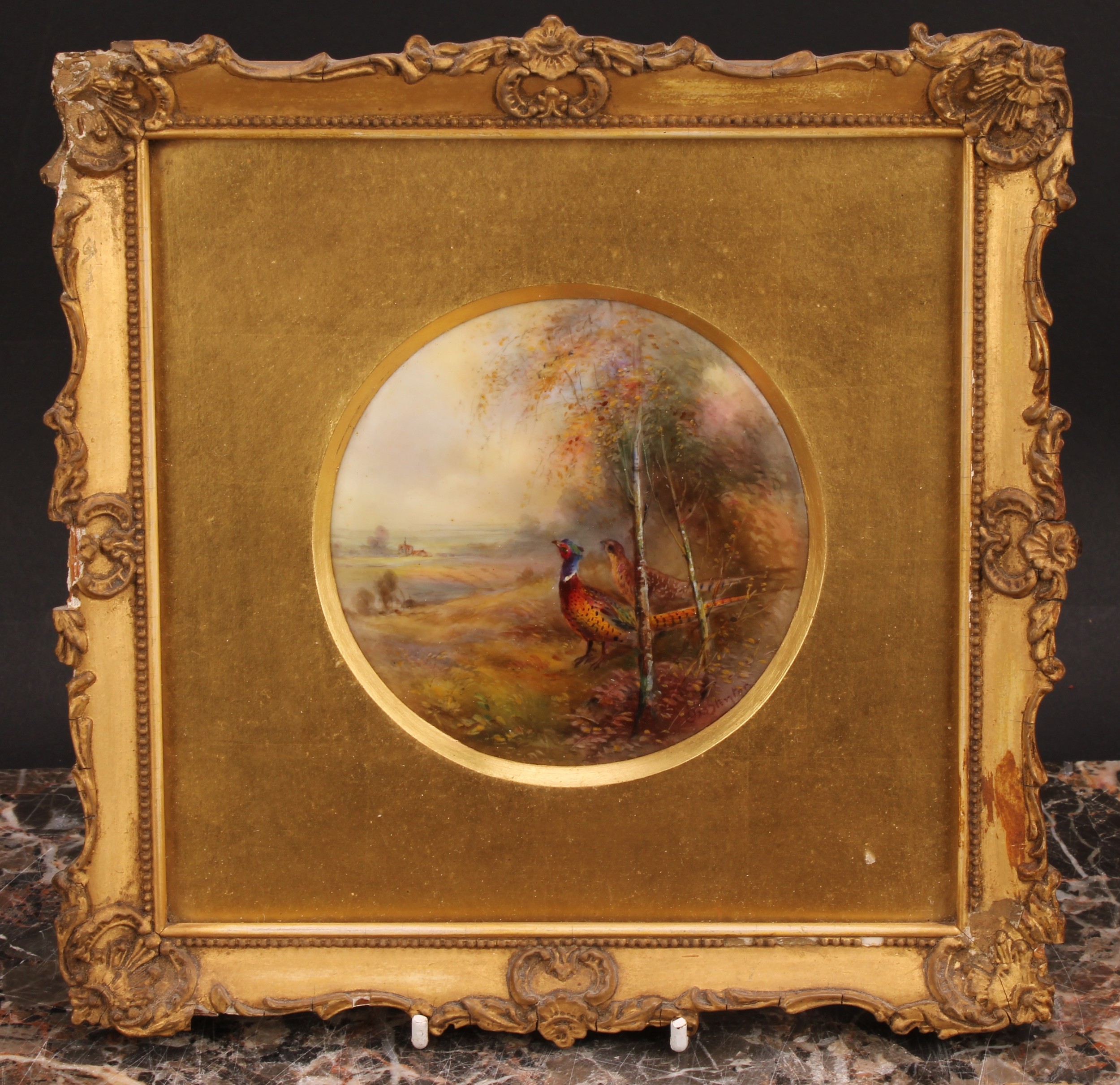 A Royal Worcester circular plaque, painted by Jas. Stinton, signed, with pheasants in rural - Image 2 of 5