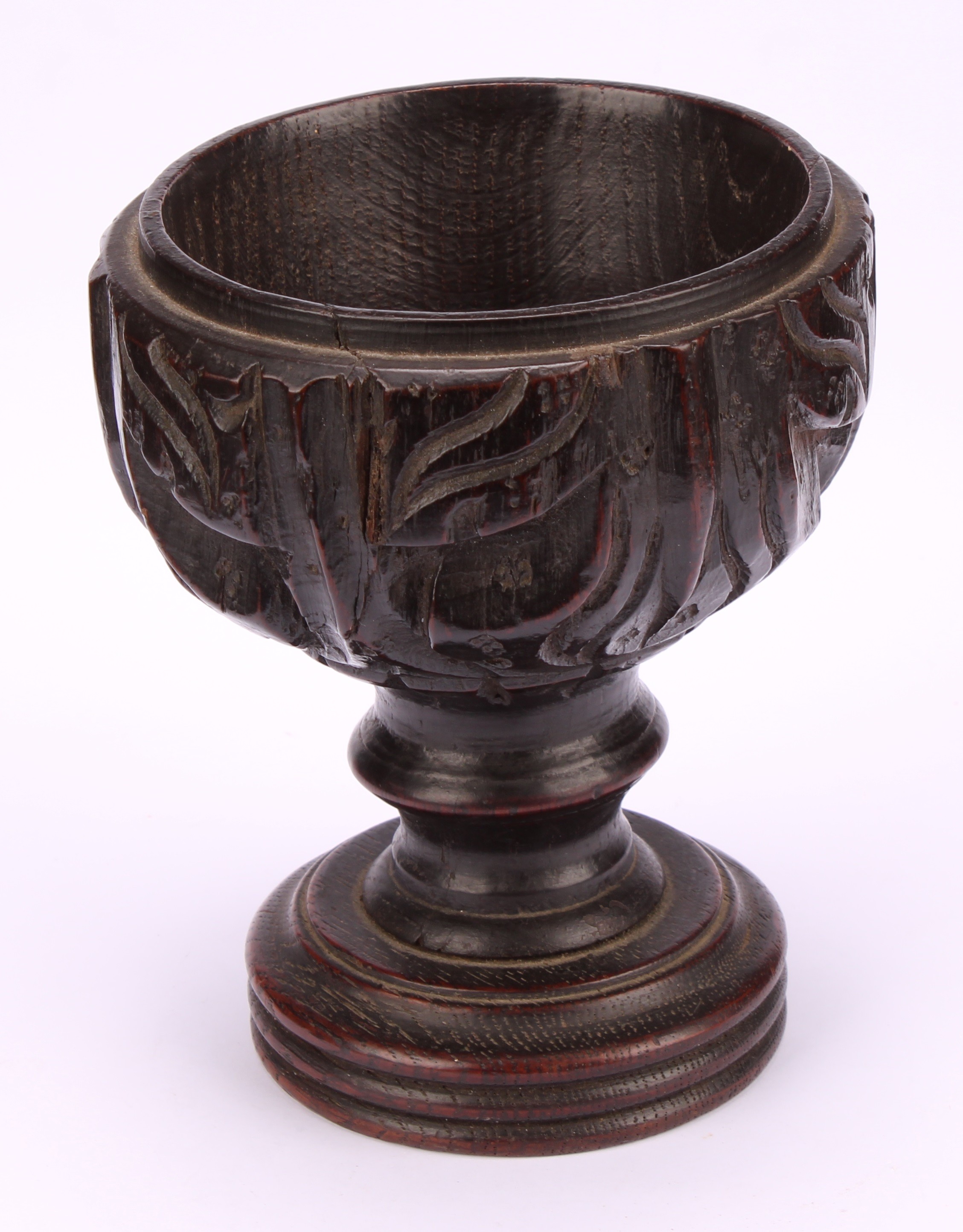 A 19th century oak goblet or chalice, the bowl carved with acanthus, turned base, 14cm high, - Image 3 of 3