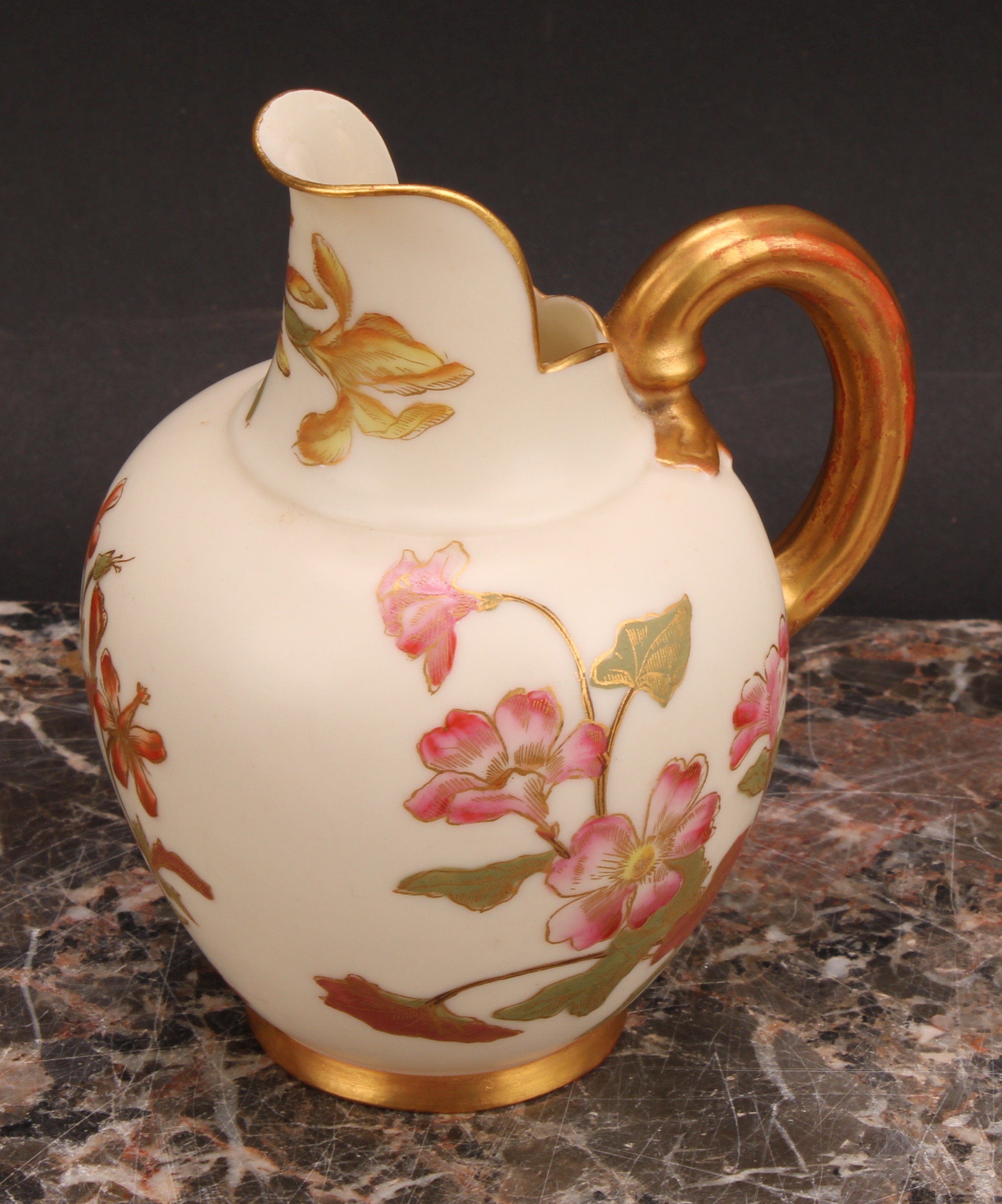 A pair Royal Worcester flat back jugs, decorated in the Aesthetic manner with floral sprays in muted - Image 5 of 12