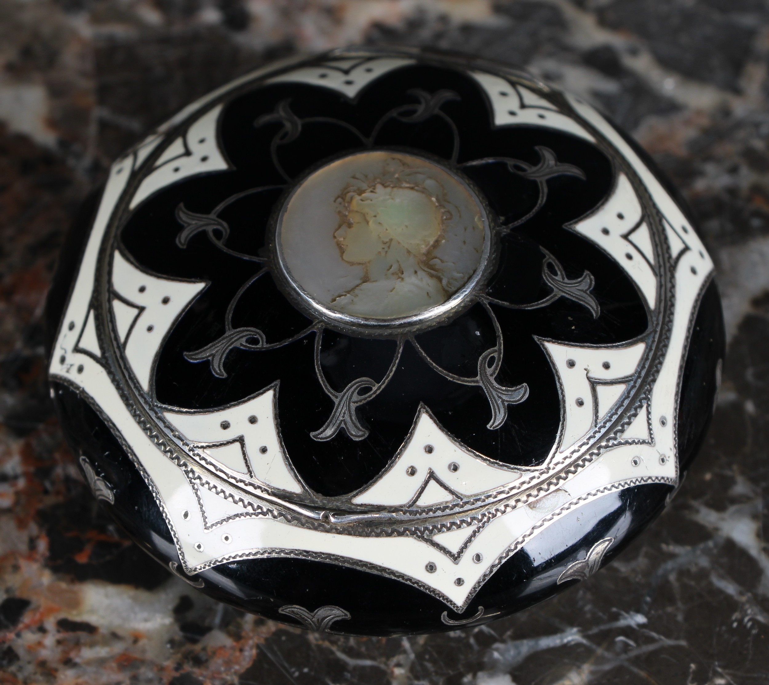 An early 20th century silver coloured metal and enamel table snuff box, possibly Russian, the hinged - Image 2 of 3