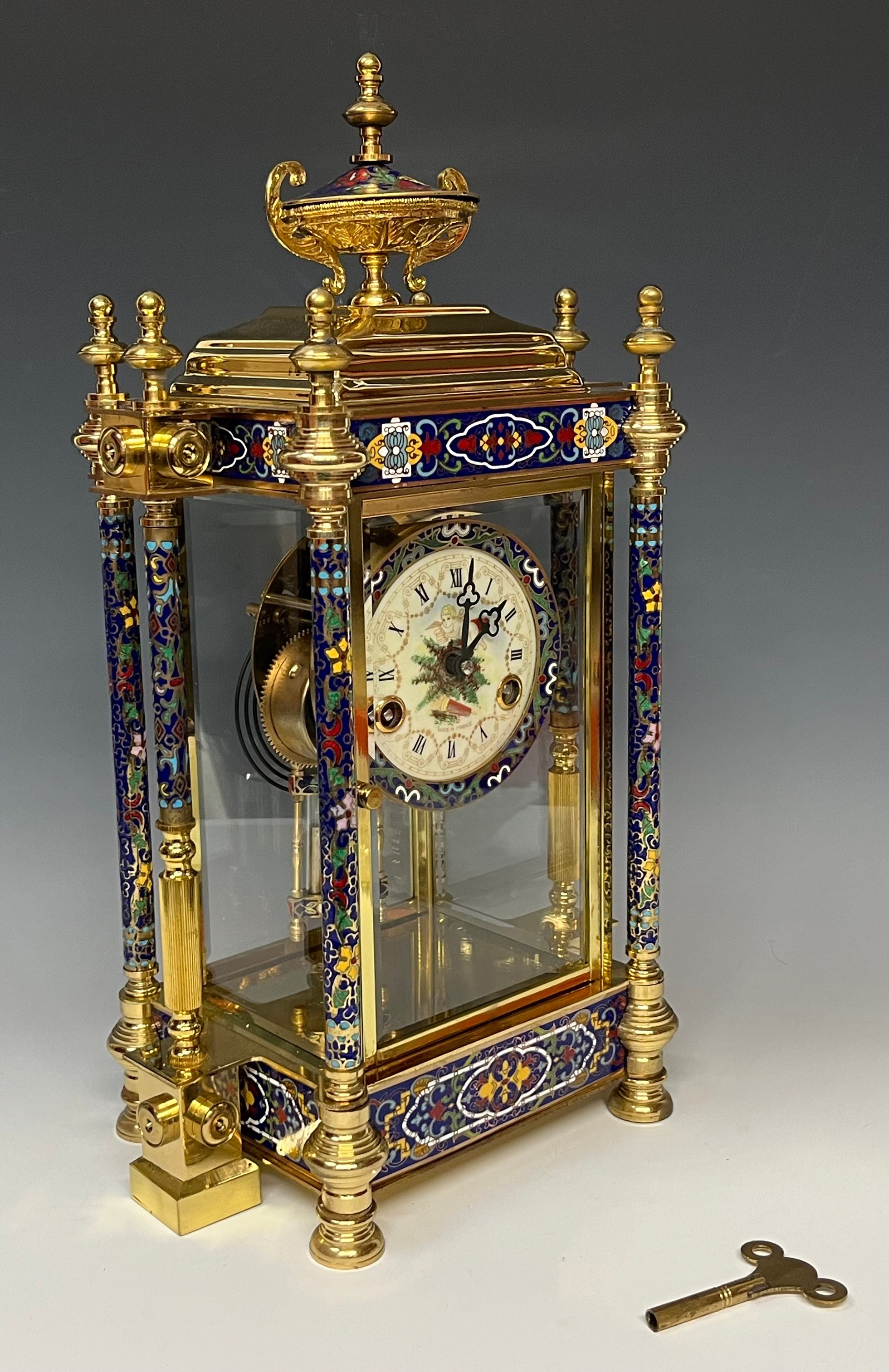 Horology Interest - a 'brass' and cloisonne mantel clock, the 10cm dial with Roman numerals, twin - Image 3 of 4