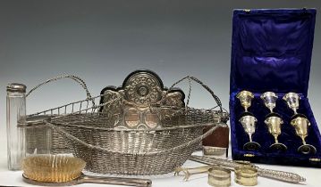 Silver and Plated Ware - a silver vanity brush, London 1947; a silver coloured metal wire-work