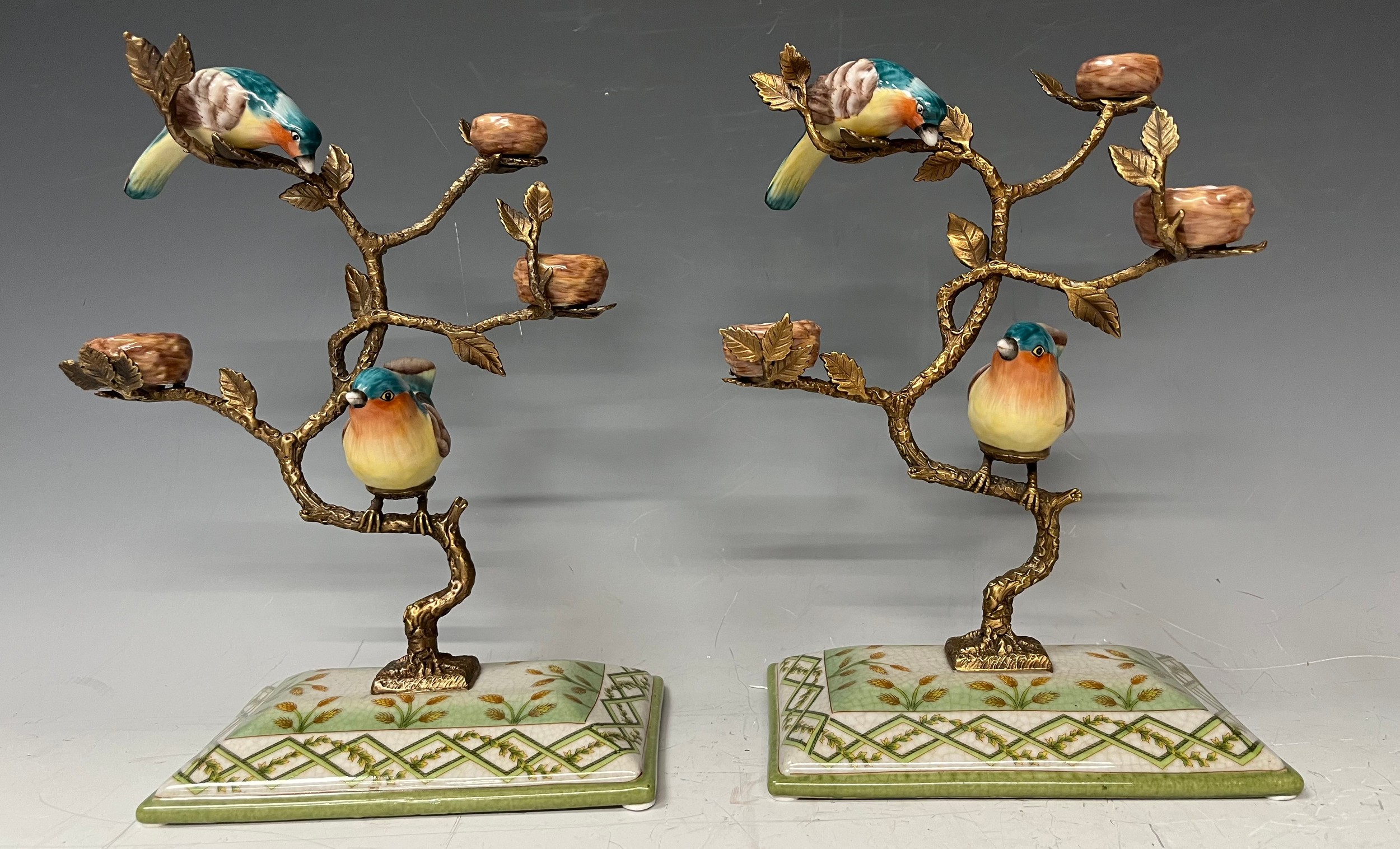 A pair of gilt metal tree stands with hand painted porcelain birds perched on the tree, faux mark, - Image 2 of 2