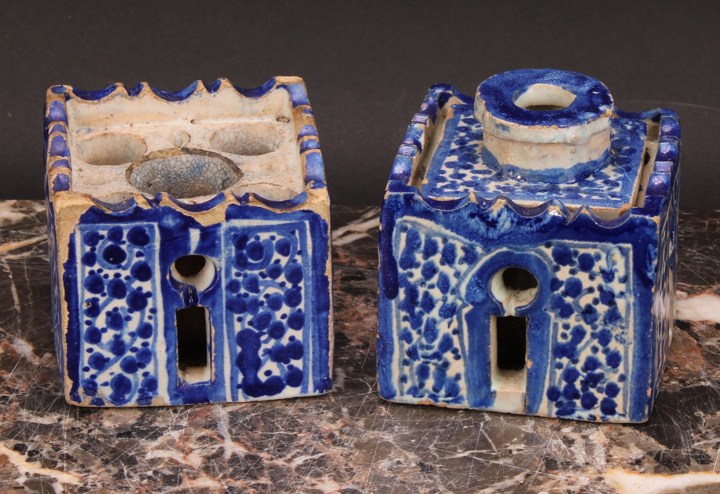 A 19th century Moroccan pottery inkwell and cover, in the form of a quba, painted in blue with - Image 2 of 5