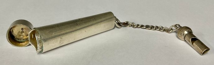 A silver cheroot case, Birmingham, 1899, 26.3g; a silver coloured metal dog whistle fob (2)