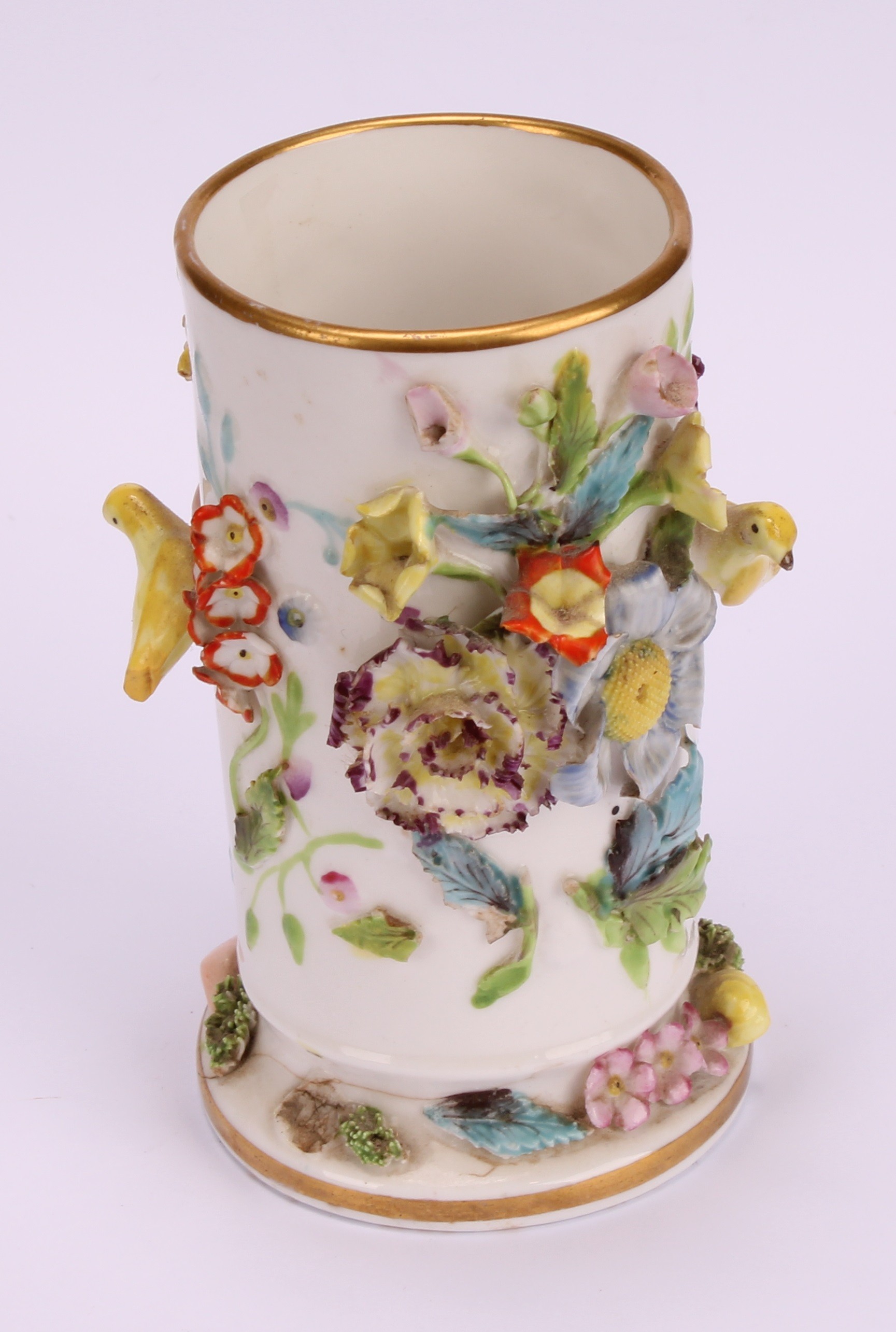 A pair of rare Spode schneeballen style cylindrical vases, encrusted with birds and flowers, 10. - Image 8 of 13