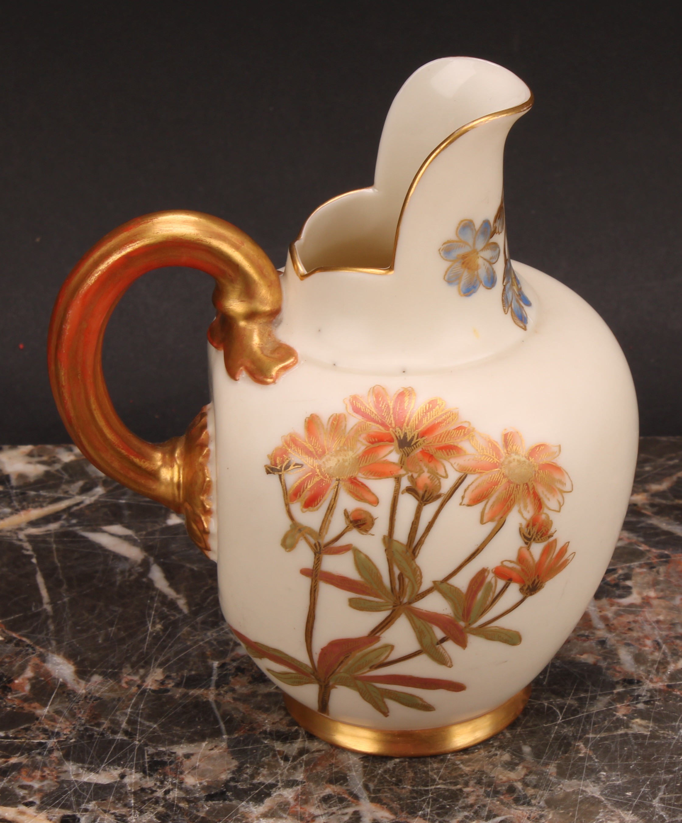 A pair Royal Worcester flat back jugs, decorated in the Aesthetic manner with floral sprays in muted - Image 8 of 12