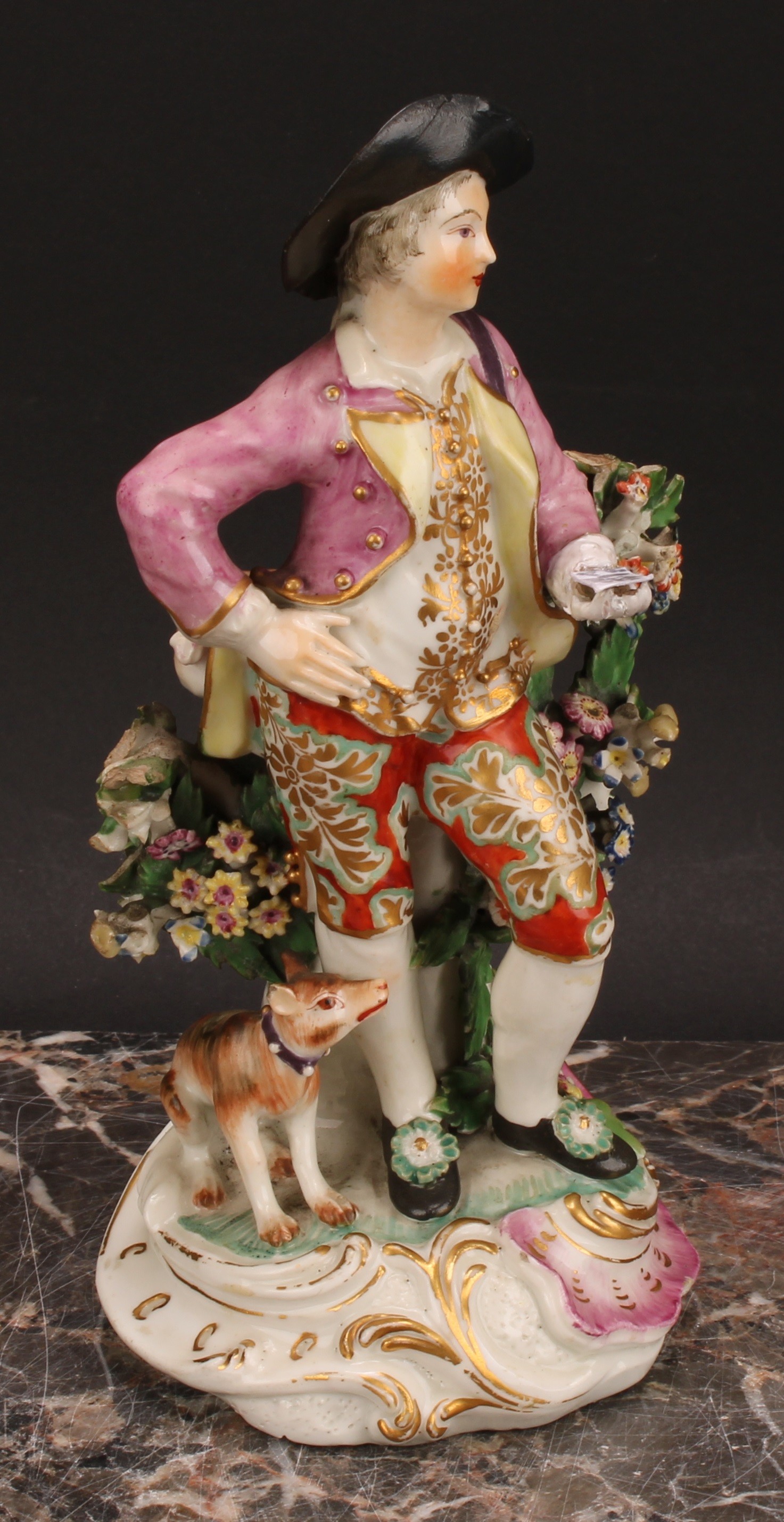 A pair of Derby figures, The Garland Shepherds, he wearing a broad brimmed black hat, pink jacket, - Image 3 of 10