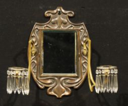 An Art Nouveau cast metal shield shaped girandole, sinuous twin branch lustre candlesticks,