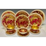 A Royal Crown Derby Red and Gold Aves pattern part dinner service, heraldic border, including soup