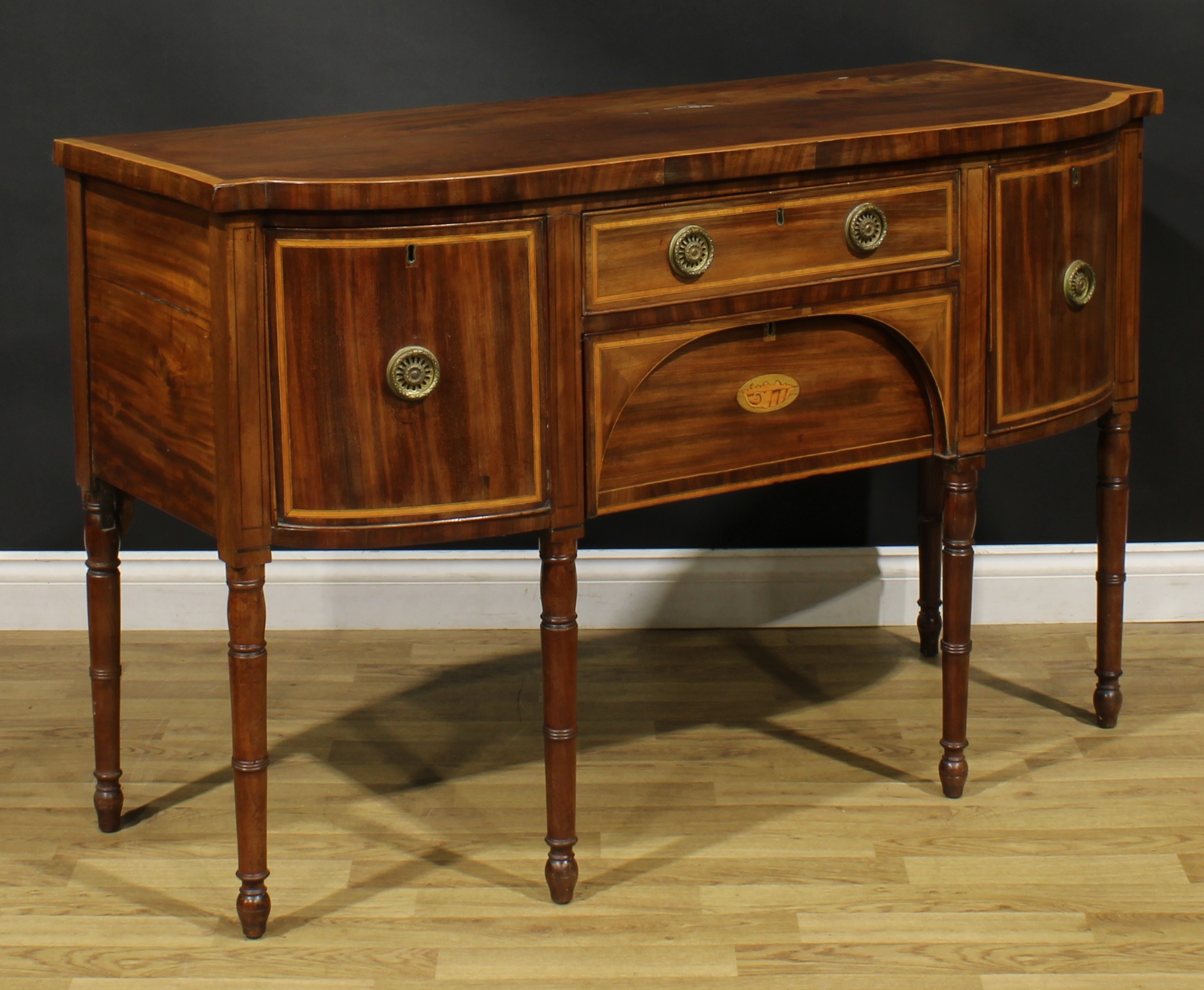 A George III mahogany sideboard or serving table, satinwood crossbanded top above a frieze drawer - Image 3 of 6