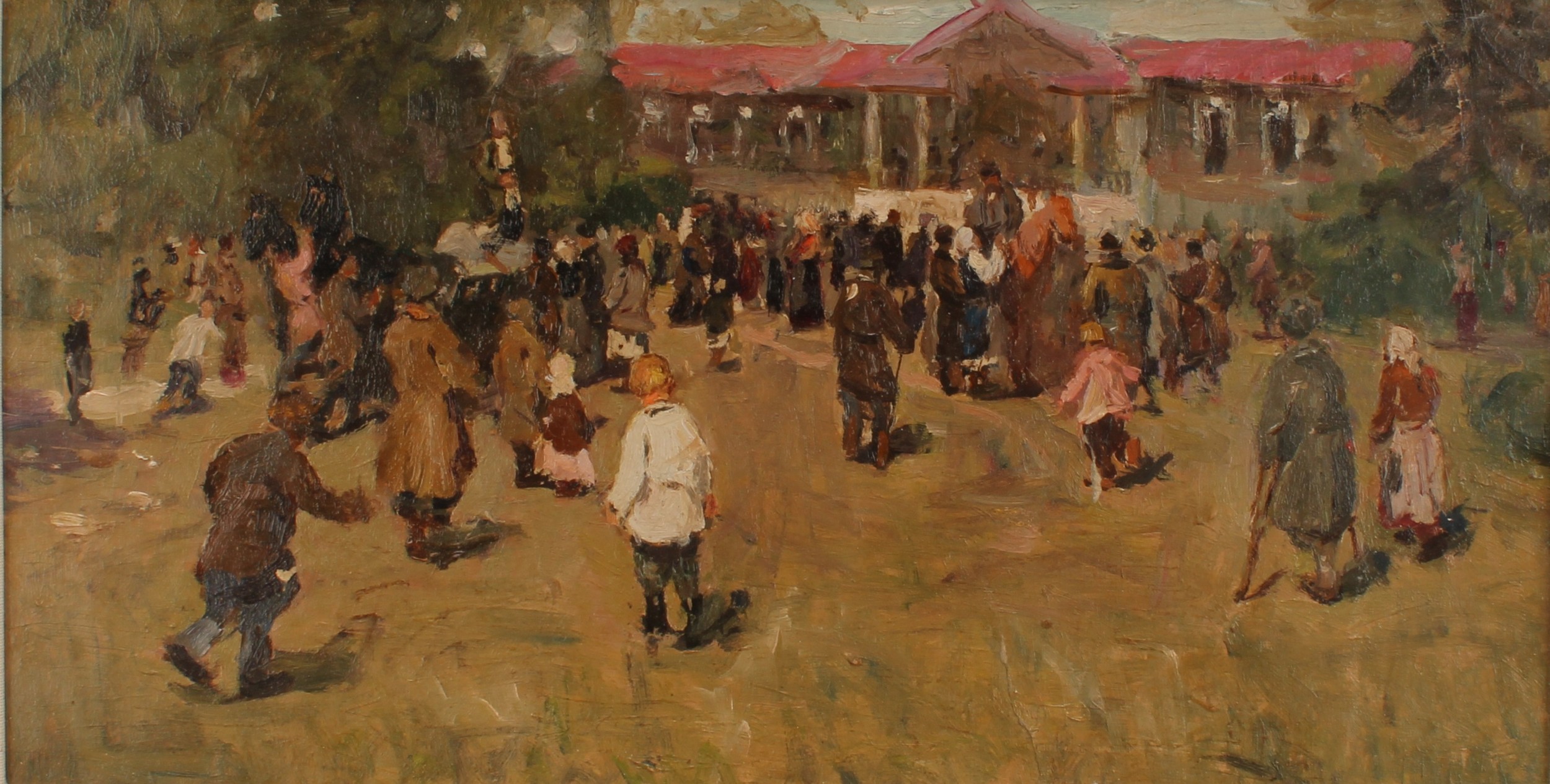 Soviet School (20th century) A Commotion, oil on board, 22cm x 40cm