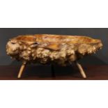 A large burr elm table centre bowl, of natural irregular shape, outswept legs, 62cm wide