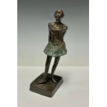 A bronzed metal figurine, of a ballerina, square plinth, 25cm