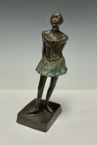 A bronzed metal figurine, of a ballerina, square plinth, 25cm