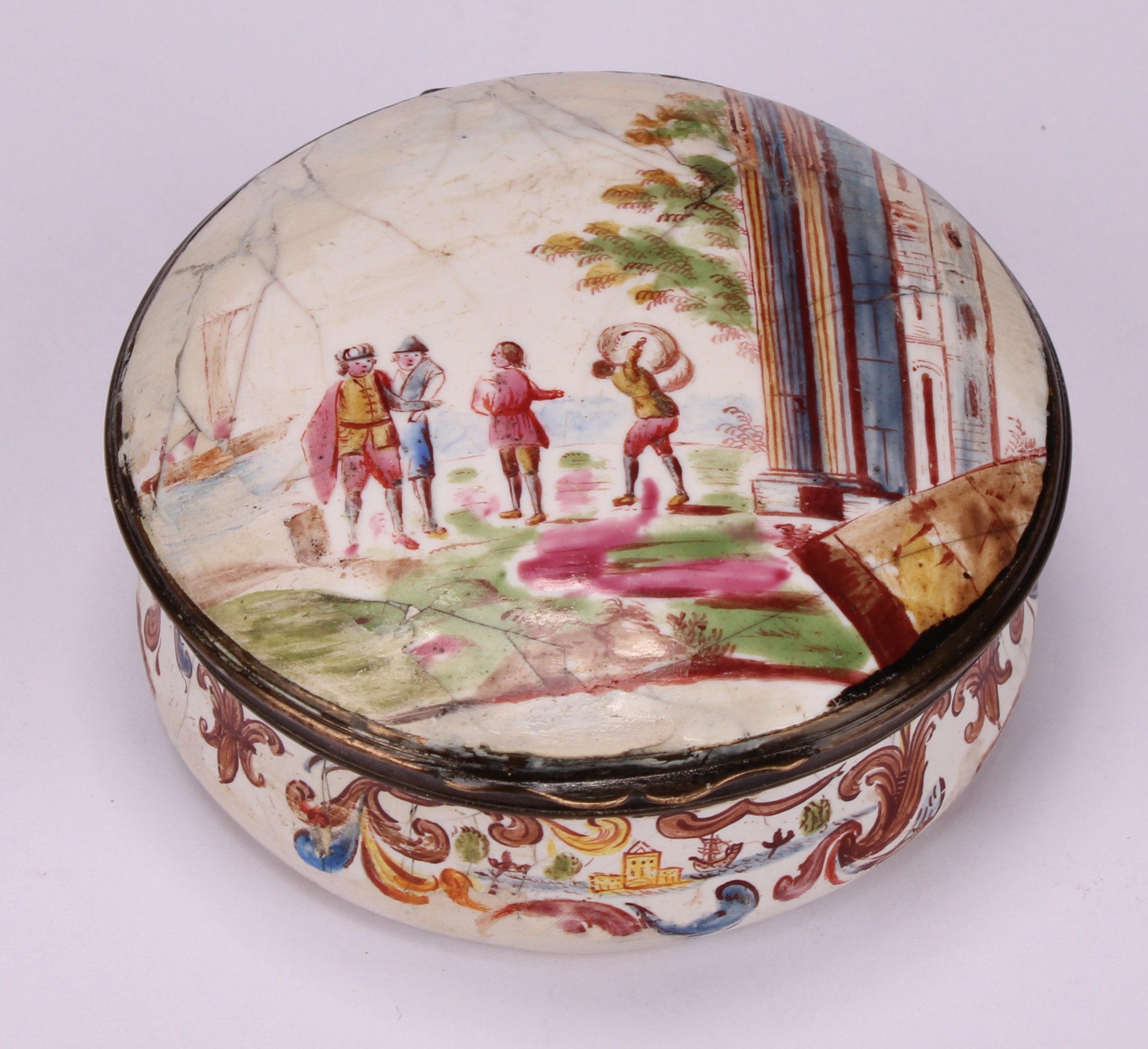 A George III South Staffordshire enamel circular table snuff box, hinged cover painted with - Image 2 of 5