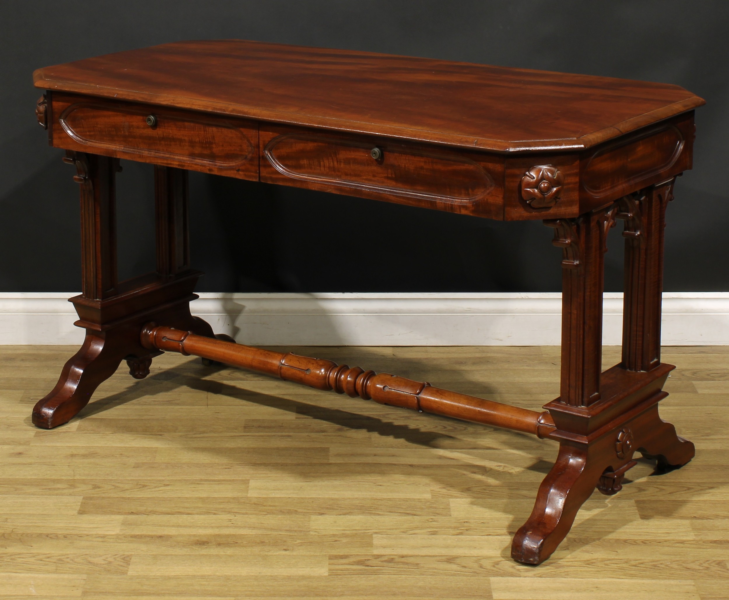 A Post-Regency Gothic Revival mahogany library table, canted rectangular top with moulded edge above - Image 5 of 6