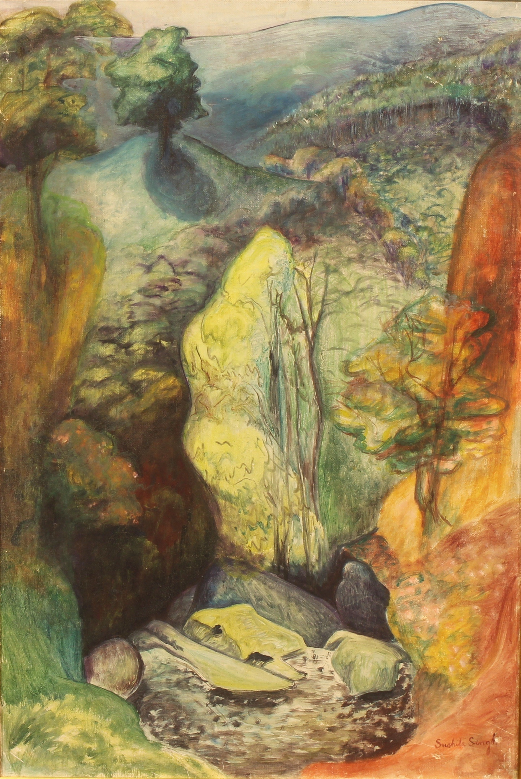 Sushila Singh (Indian 1904–1999) Valley of Desolation signed, oil on canvas, 75cm x 50cm