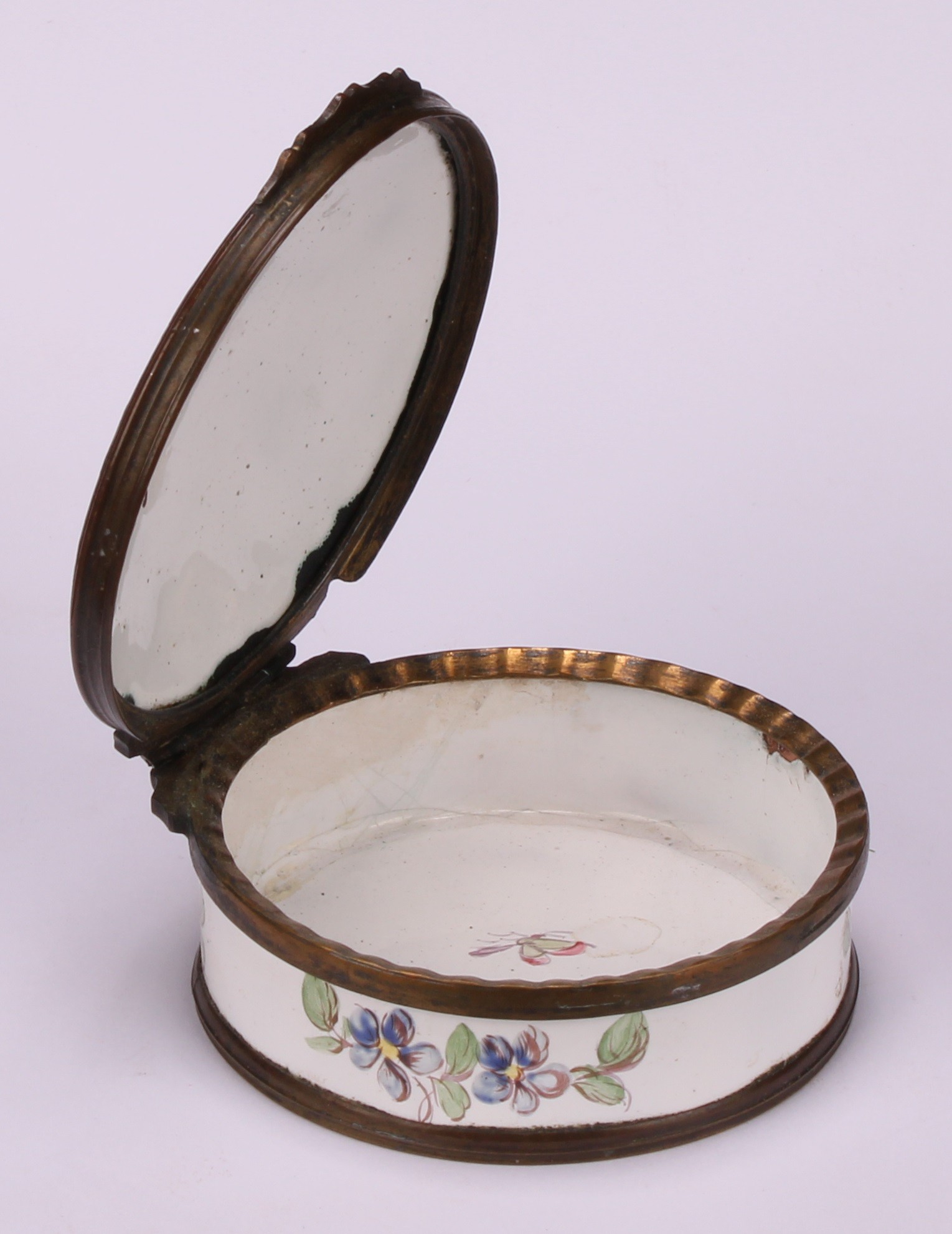 A 19th century enamel circular table snuff box, hinged cover painted with young shepherds in a - Image 4 of 5