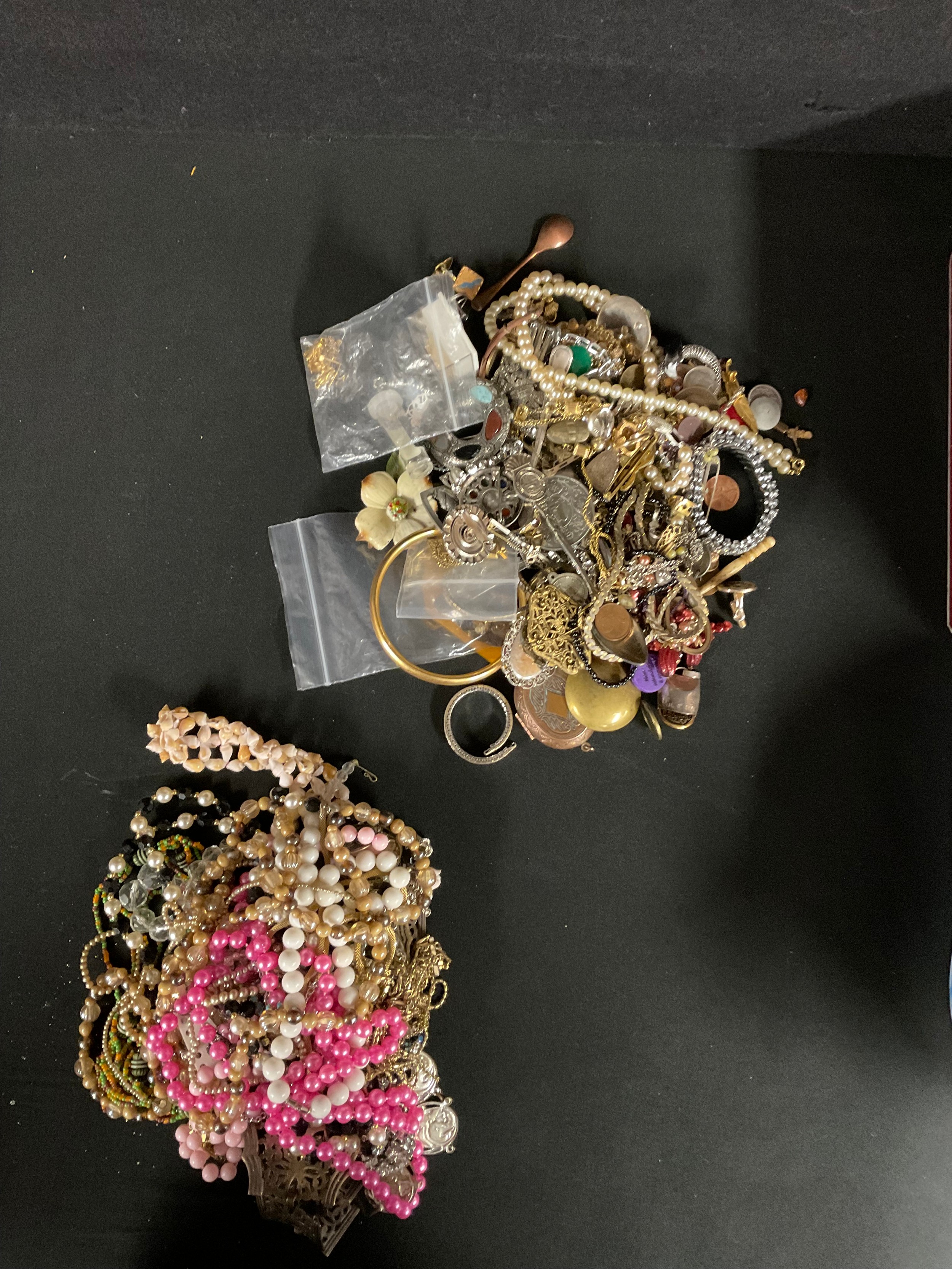 Two boxes of costume jewellery, etc