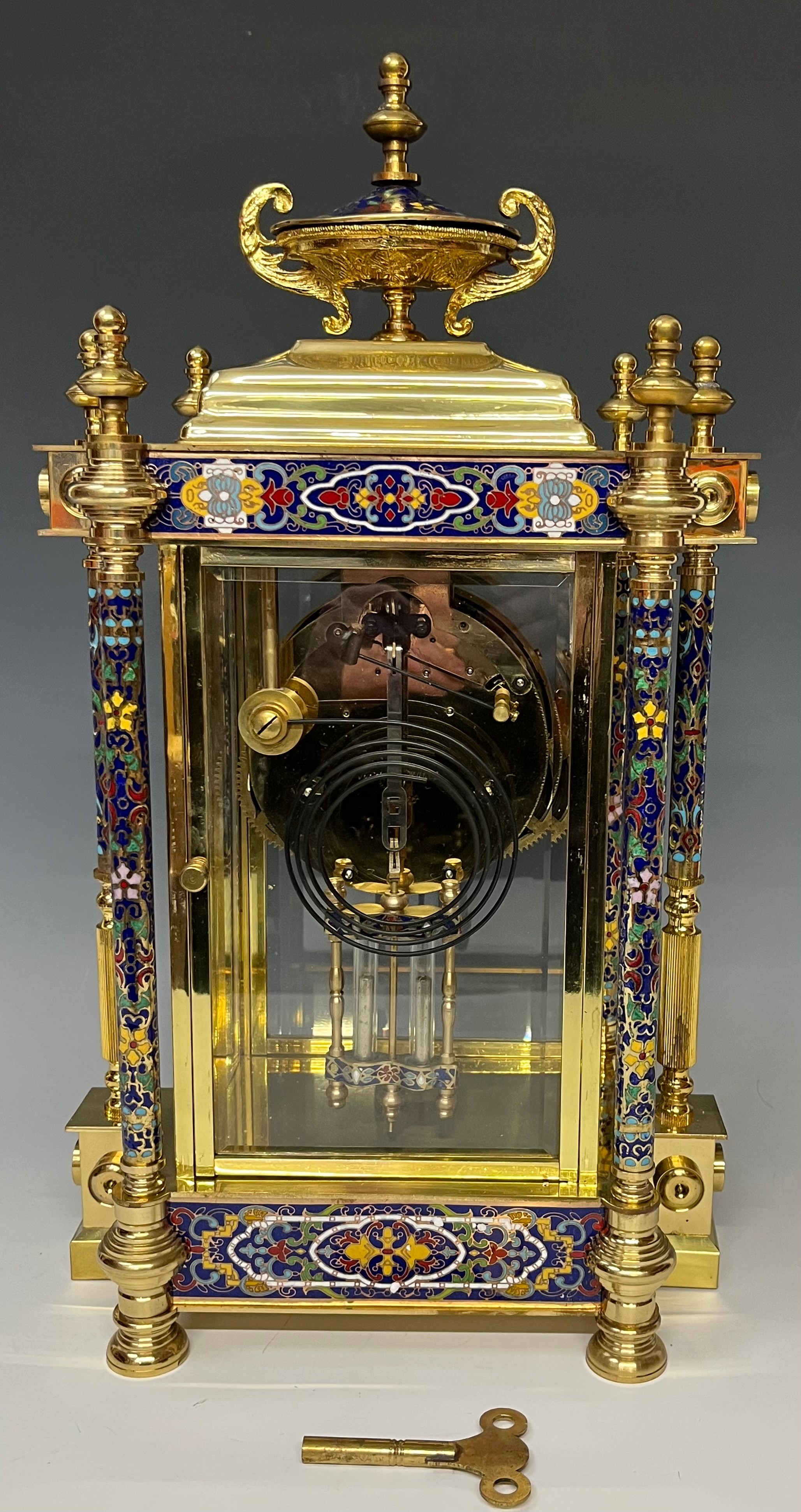 Horology Interest - a 'brass' and cloisonne mantel clock, the 10cm dial with Roman numerals, twin - Image 4 of 4