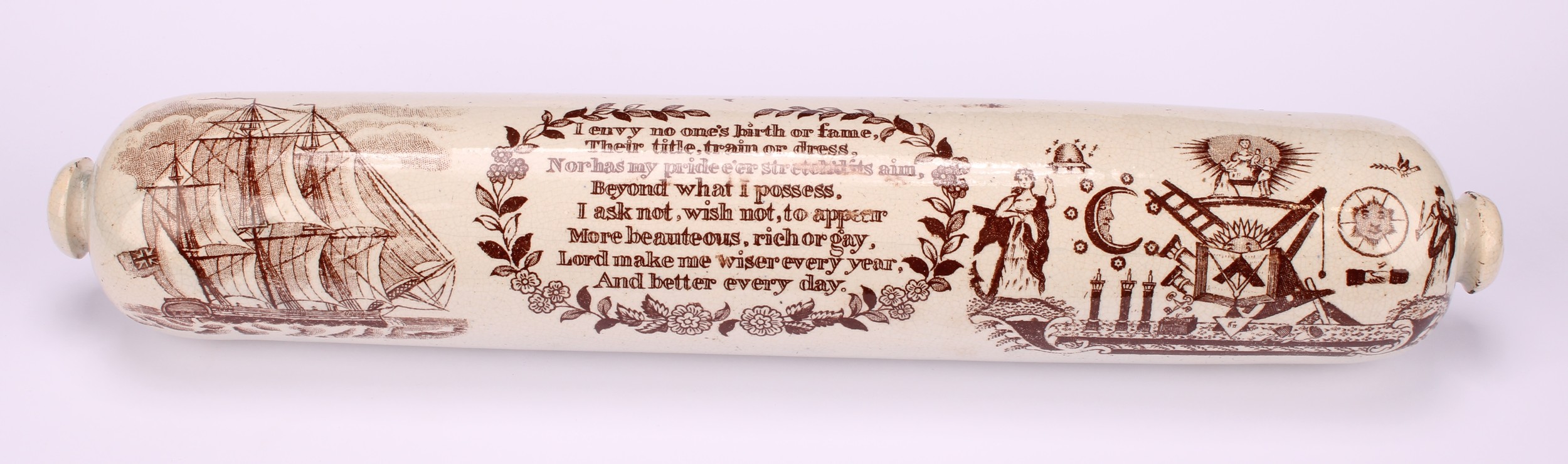 A Sunderland Masonic rolling pin, printed in sepia tones, I envy no one's birth or fame..., with - Image 2 of 3