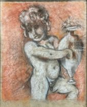 English School Cherub Holding a Classical Vase, unsigned, coloured chalk, 27cm x 22cm