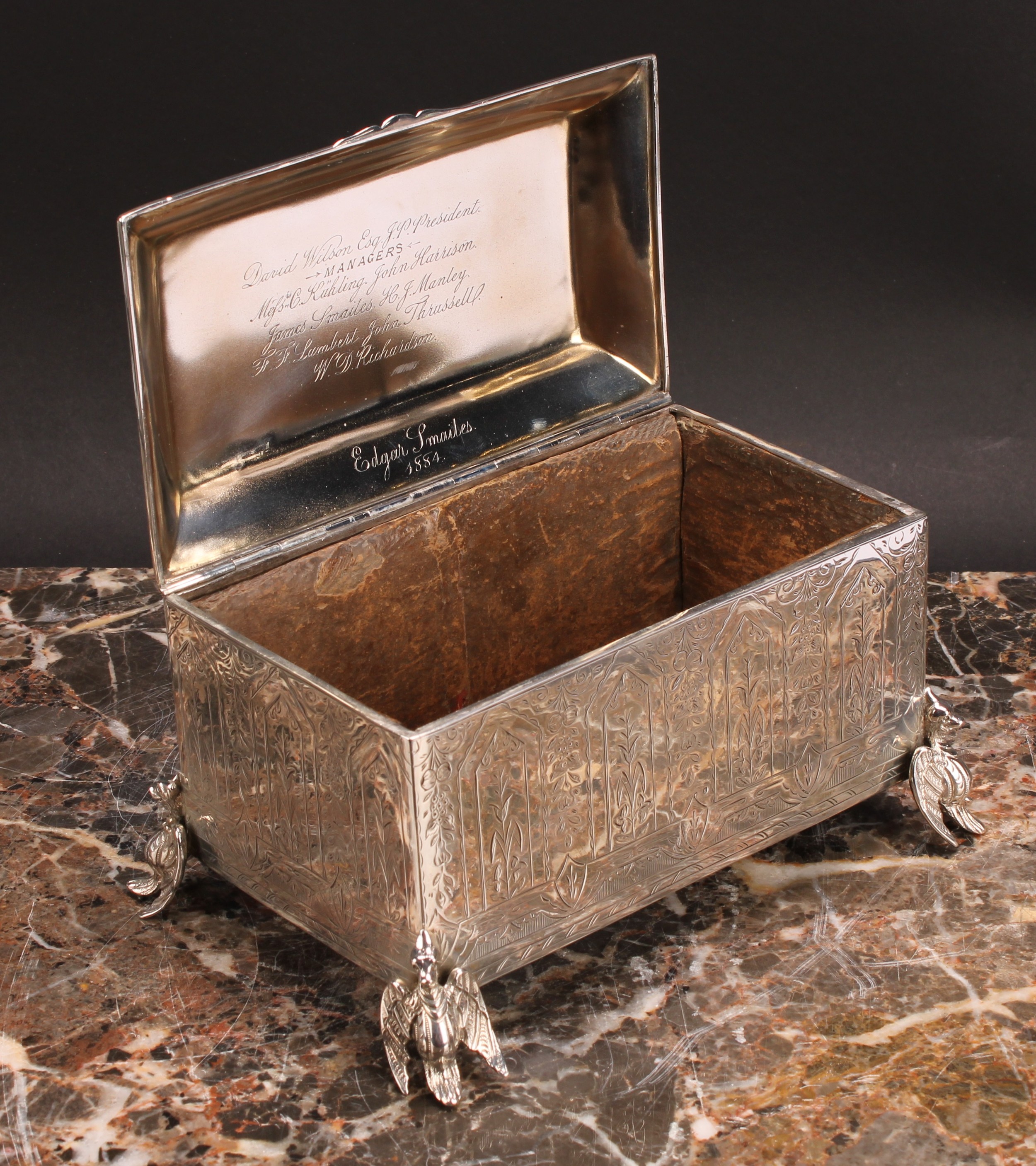 A Victorian silver table casket, bright-cut engraved with pointed arched panels and fruiting leafy - Image 3 of 4