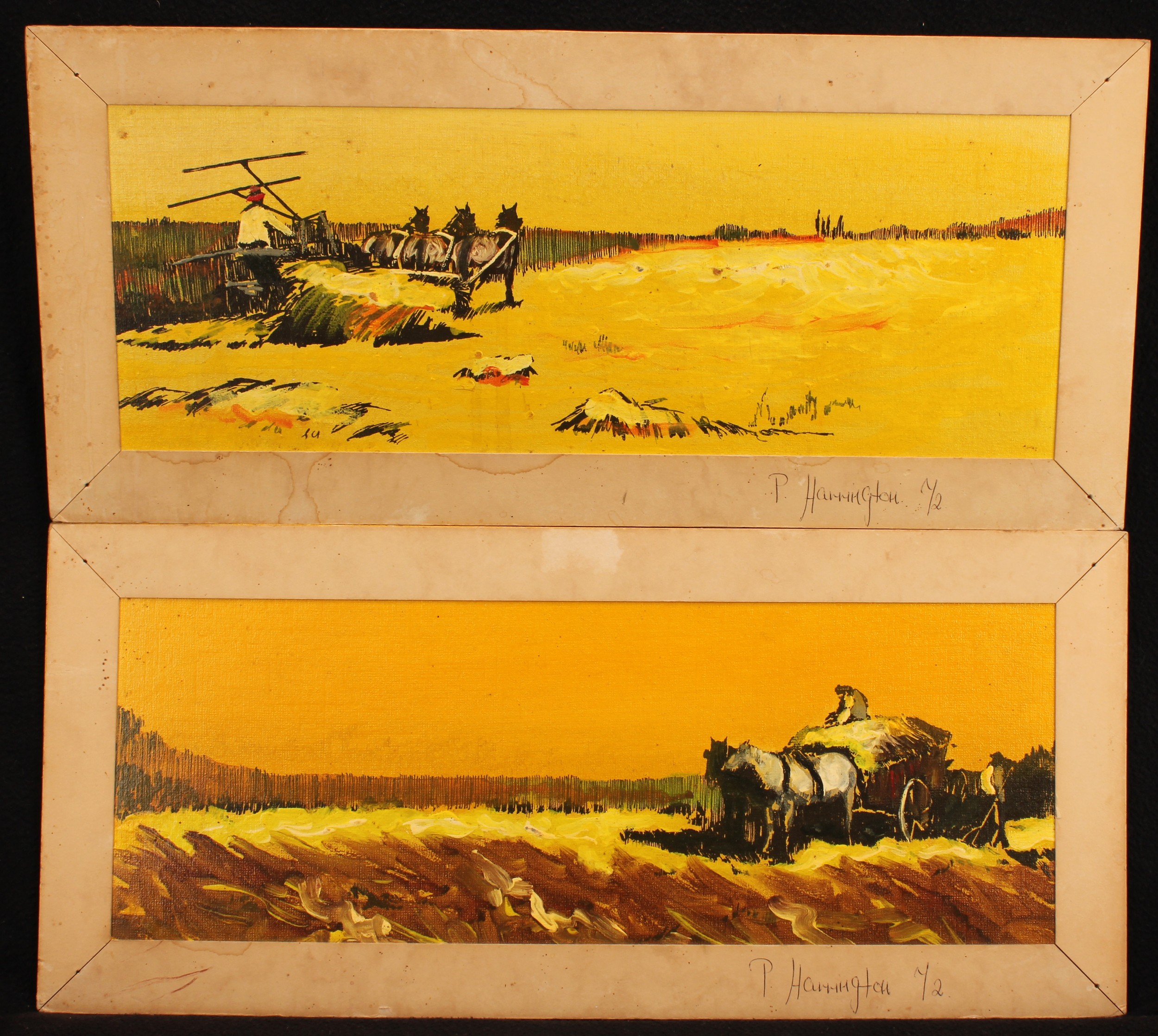 P Harrington (20th century) a pair, Harvest Time, inscribed to mount, 17.5cm x 47.5cm