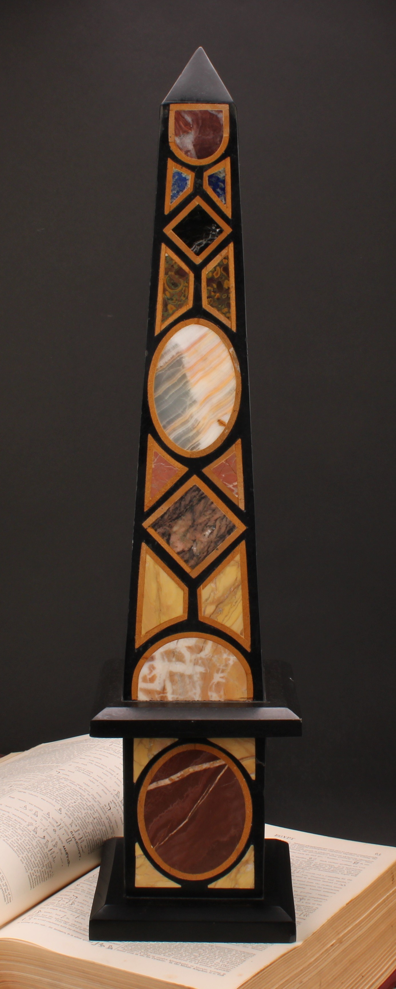 A large pietra dura library obelisk, inlaid with lapis lazuli and other specimen stones, square