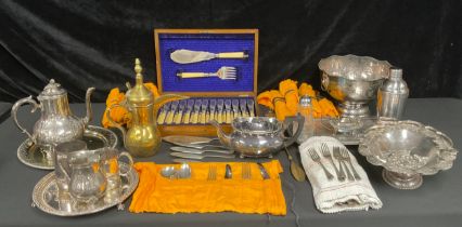 An EPNS punch bowl, swing handle cake basket, coffee pot, teapot, salver, a canteen of fish knives