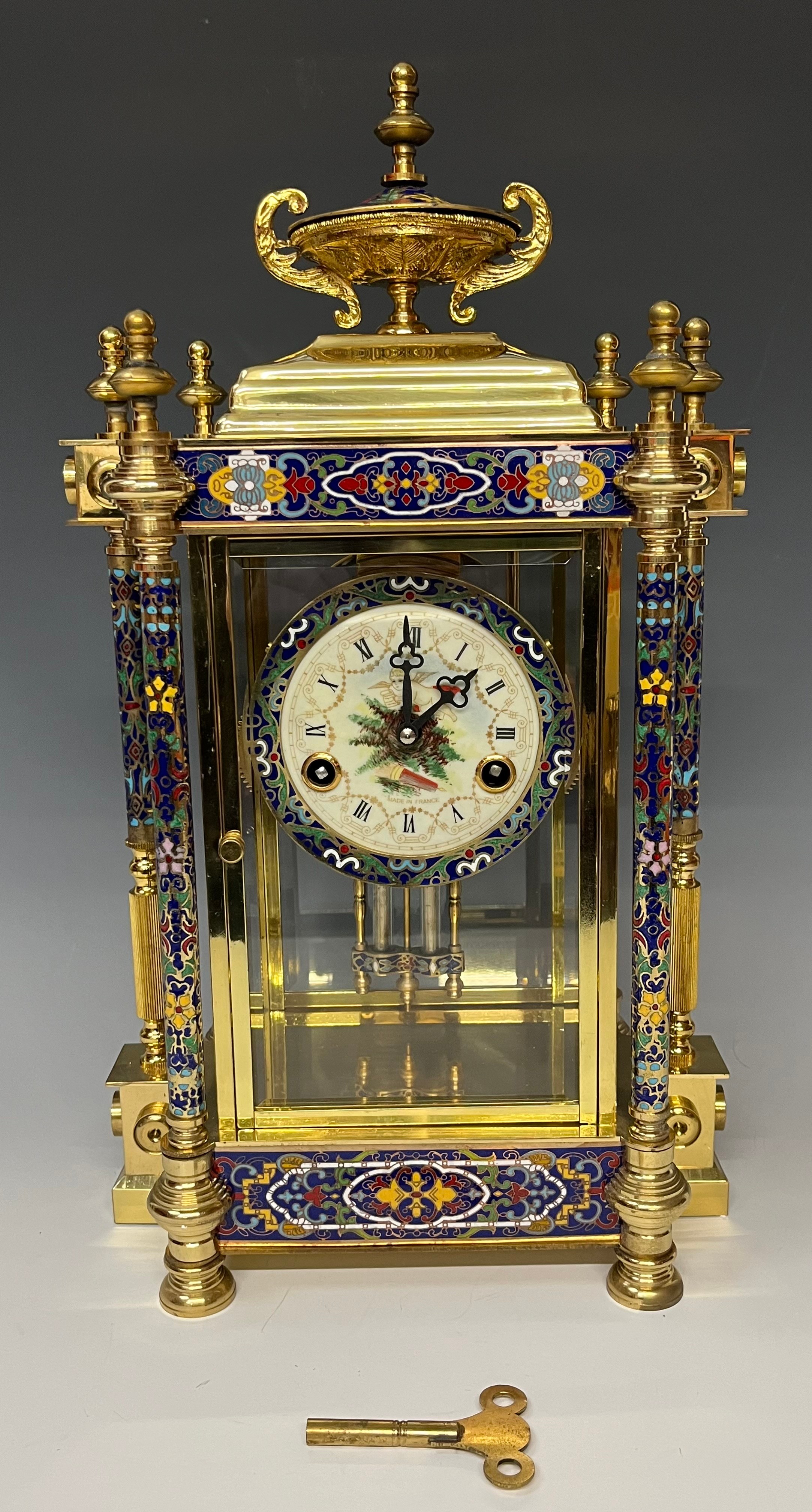 Horology Interest - a 'brass' and cloisonne mantel clock, the 10cm dial with Roman numerals, twin
